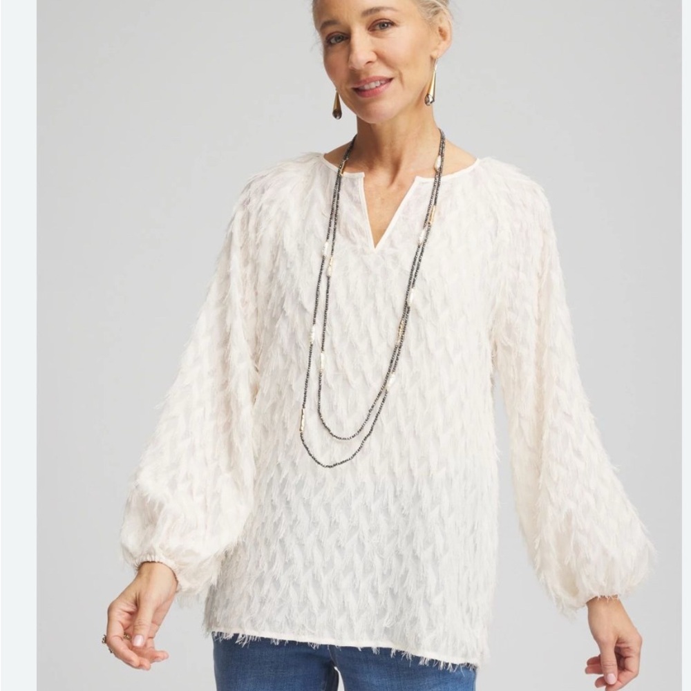 Chico's Cream chevron fringe blouse‎ Relaxed Blouse 12